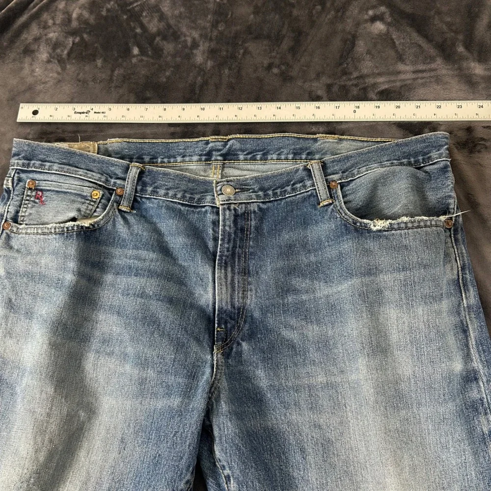 Polo Ralph Lauren Jeans Mens 42x32 Blue Straight Leg Distressed Denim